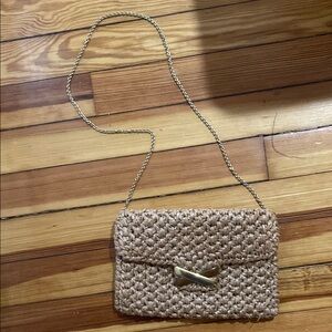 Rodo Italy straw raffia crossbody gold chain bag brown tan